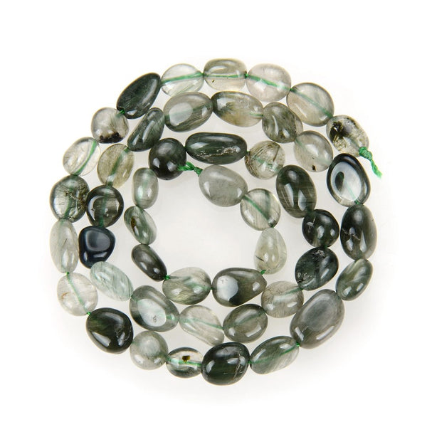 Natural Green Quartz Rutilated Gemstone Oval Tumbled Pebble Beads, Irregular, 6mm to 8mm, Hole ID 1mm, 15 Inch/1 Strand, GZ11-11