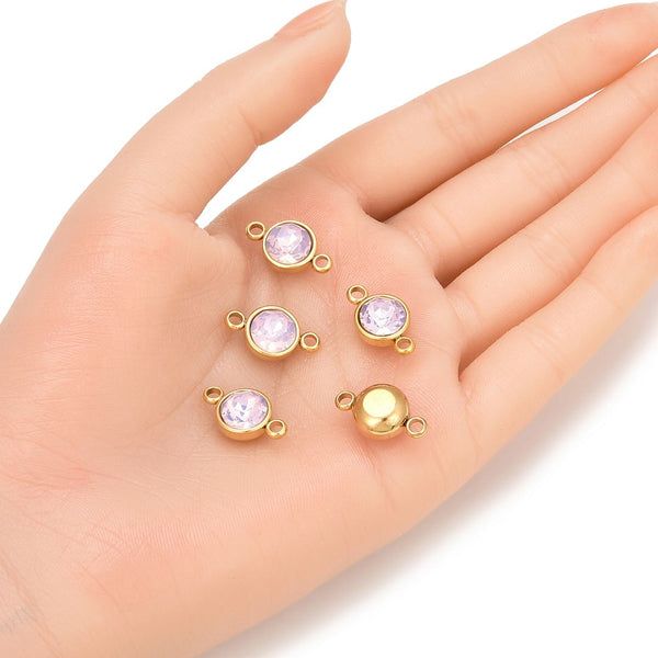10pcs Grade A October Pink Opal Birthstone Links, 18K Yellow Gold Plated Stainless Steel, Tarnish Resistant, 10mm, CCP37-10