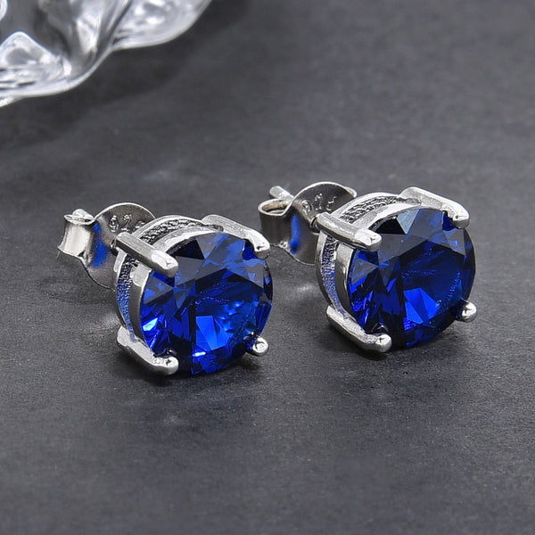 1 Pair 925 Sterling Silver September Birthstone Round Cut Stud Earrings, 8mm/2 Carat Cubic Zirconia CZ Blue Sapphire Stone, SSE49-9