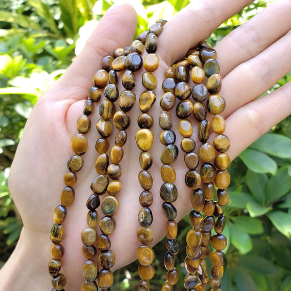 Natural Brown Tiger Eye Gemstone Oval Tumbled Pebble Beads, Irregular, 6mm to 8mm, Hole ID 1mm, 15 Inch/1 Strand, GZ11-27