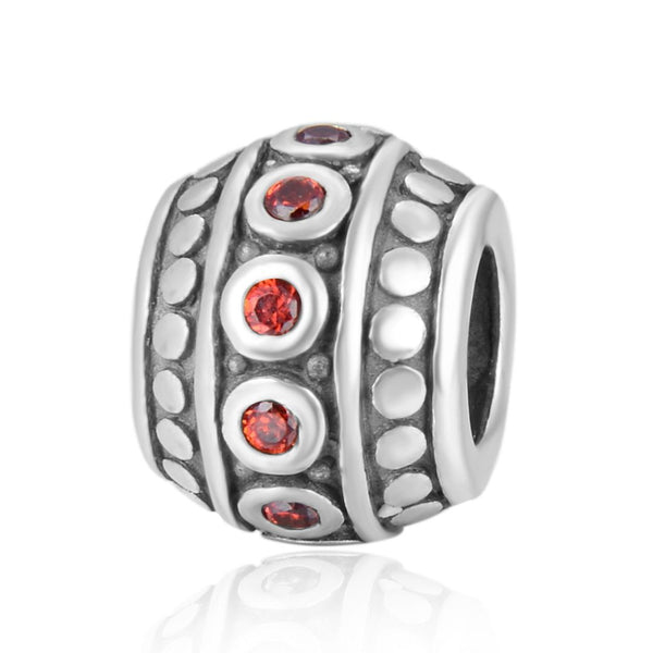 1pc 925 Sterling Silver Round January Birthstone Bead Charm, Siam Red Garnet Cubic Zirconia CZ, 10x8mm, Hole ID 4.5mm, EC1-F1