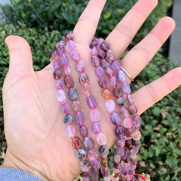 Natural Purple Rutilated Quartz Gemstone Oval Tumbled Pebble Beads, Irregular, 7mm to 10mm, Hole ID 1mm, 15 Inch/1 Strand, GZ12-35