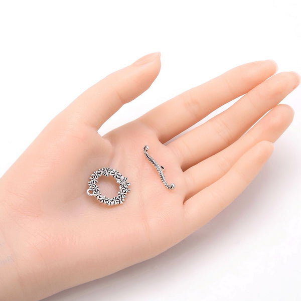 Adabele 20 Sets Flower Toggle Clasp, T-Bar Jewelry Closure, 20.3mm (0.8 Inch), Antique Silver, MC-AF3