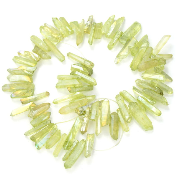 1 Strand Natural Raw Crystal Quartz Gemstone Beads, Small Drilled Stone Points, Peridot Green AB Titanium Coated Stone Stick, 15 Inch, GA10