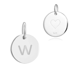 1pc 925 Sterling Silver 12mm Letter W Charm, Heart Engraved, Name Initial Disc Coin Pendant Drop, SLP-S23