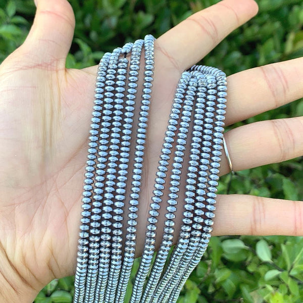 Grade A Natural Hematite Gemstone Rondelle Beads, White Gold Plated, 2 Strands/380pcs Beads, 4x2mm/Small, Hole ID 1mm, GFC7-4