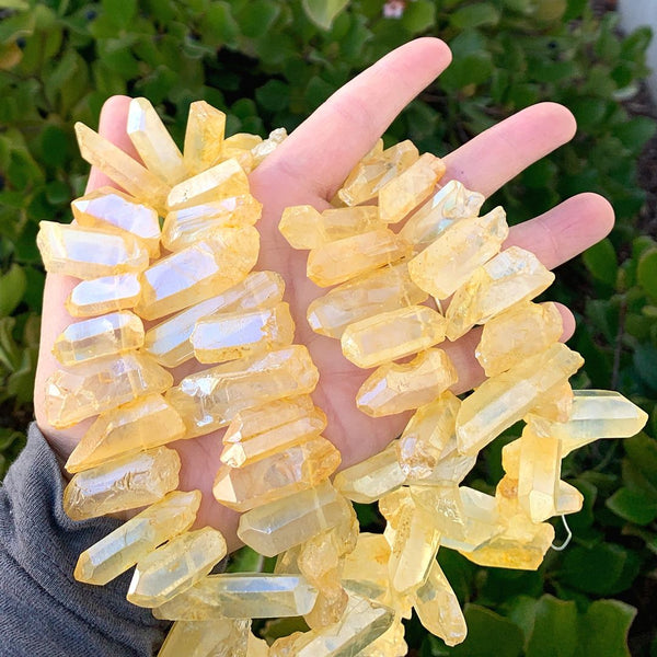 1 Strand Natural Raw Crystal Quartz Gemstone Beads, Large Drilled Stone Points, Topaz Yellow AB Titanium Coated Gem Stick, 15 Inch, GA-E11