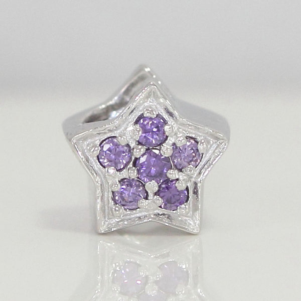 1pc 925 Sterling Silver Star Charm February Birthstone Bead Charm, Purple Amethyst Cubic Zirconia CZ, 10x9.5mm, Hole ID 4.5mm, EC1-K2