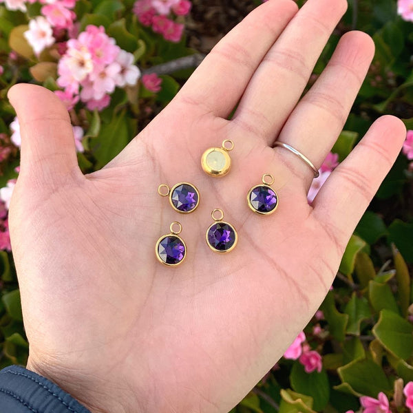 10pcs Grade A February Amethyst Purple Birthstone Charm Drops, 18K Yellow Gold Plated Stainless Steel, Tarnish Resistant, 10mm, CCP31-2