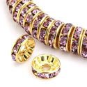 100pcs Grade A Rhinestone Rondelle Beads, Amethyst Purple Rhinestone, 18K Yellow Gold Plated Brass, Size Selections: 5mm/6mm/8mm/10mm/12mm