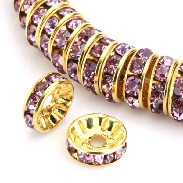 100pcs AAA Grade Rhinestone Rondelle Beads, 18K Yellow Gold Plated Brass, Amethyst Purple Rhinestone, Color Selections: 5mm/6mm/8mm/10mm/12mm
