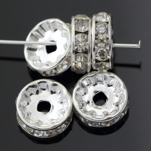 100pcs Grade A Rhinestone Rondelle Beads, Clear Rhinestone, Sterling Silver Plated Brass, Size Selections: 4mm/5mm/6mm/8mm/10mm/12mm