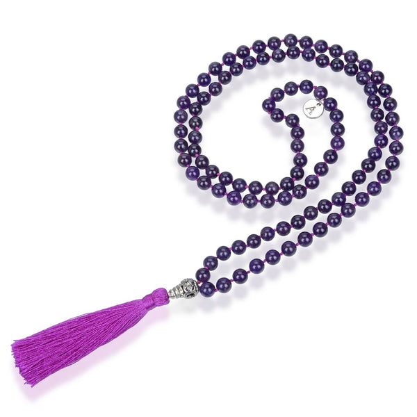 Adabele Premium 108 Mala Bead Purple Tassel Necklace, 8mm Natural Purple Amethyst Gemstone, Buddhist Japa Prayer Beaded Jewelry RGN1