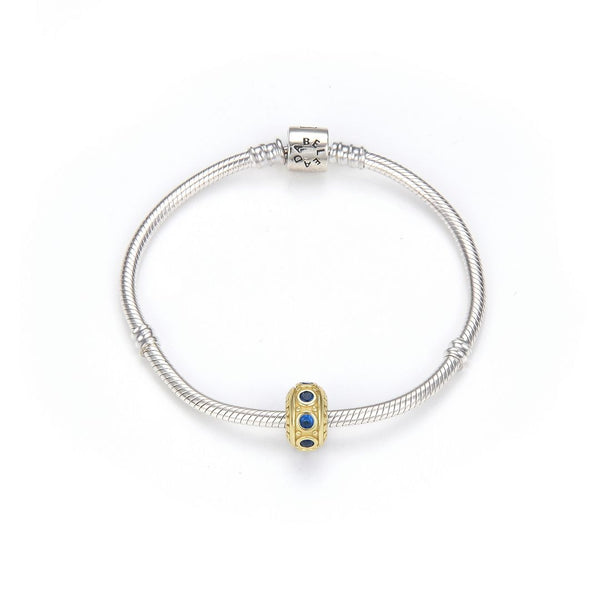 1pc Real Gold Plated 925 Sterling Silver September Birthstone Bead Charm, Blue Sapphire Cubic Zirconia CZ, 11x6.8mm, Hole ID 4.5mm, EC1-B9