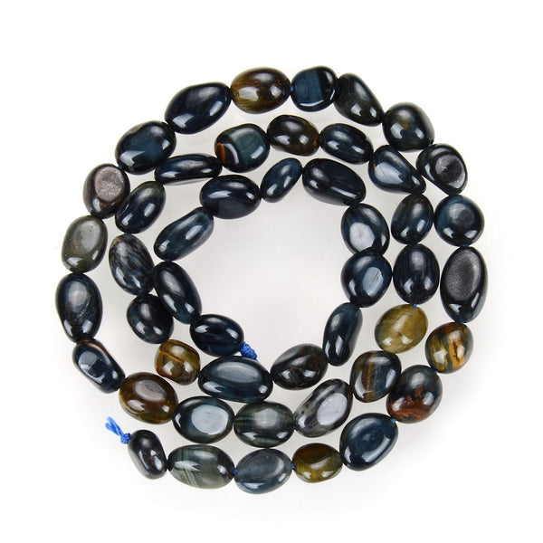 Natural Blue Tiger Eye Gemstone Oval Tumbled Pebble Beads, Irregular, 6mm to 8mm, Hole ID 1mm, 15 Inch/1 Strand, GZ11-28