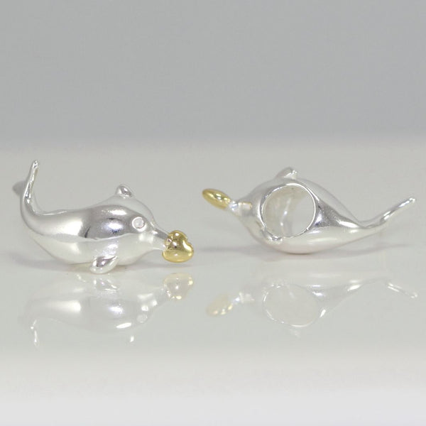1pc Cute Real Solid Sterling Silver Charm Dolphin with Golden Heart Bead, Compatible with Pandora All Other Charm Bracelets, EC371