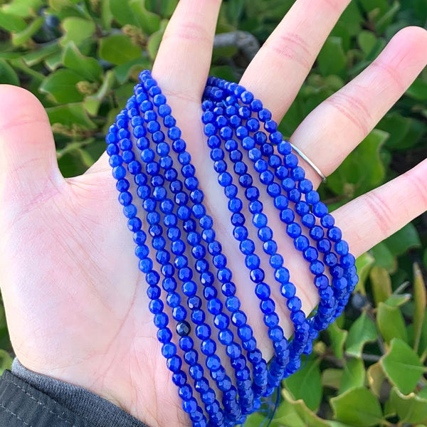 Natural Sapphire Blue Jade Gemstone Faceted Round Beads, 4mm/Small, Hole ID 0.9mm, 2 Strands/28 Inch Total, GH-B8