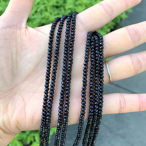 Natural Jet Black Quartz Gemstone Faceted Rondelle Beads, 3x2mm/Small Tiny, Hole ID 0.8mm, 13 Inch/1 Strand, GH2R-5