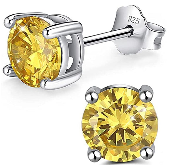 1 Pair 925 Sterling Silver November Birthstone Round Cut Stud Earrings, 4mm/0.25 Carat Small Tiny Cubic Zirconia CZ Yellow Topaz Stone, SSE78-11