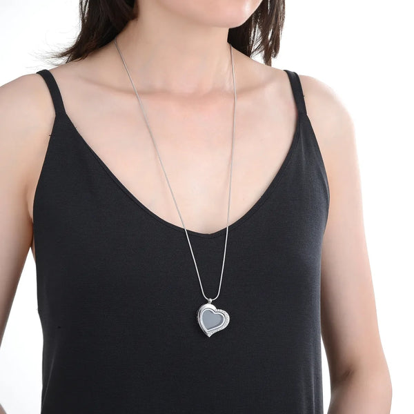 1pc Living Memory Floating Locket Necklace, 30mm Cubic Zirconia CZ Diamond Heart Pendant, 28 Inch Stainless Steel Chain, MCL283