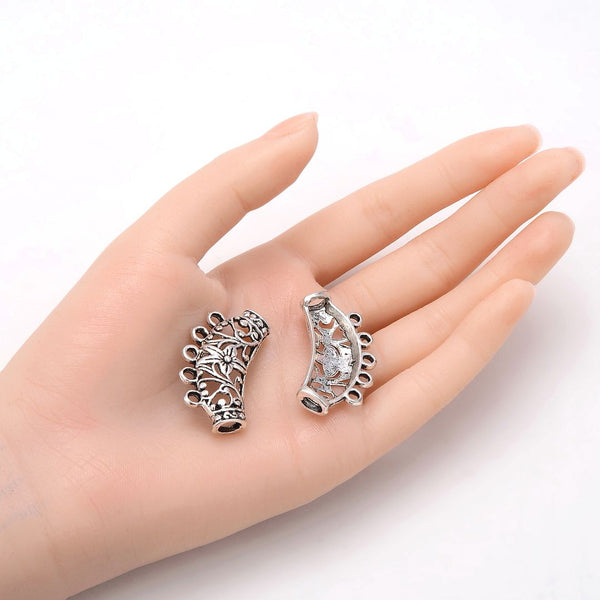 10pcs Large Hole Curved Filigree Flower Noodle Tubes, 5 Closed Ring Link, Antique Silver, 35mm (1.38 Inch), Hole ID 3.5mm, MC-L12