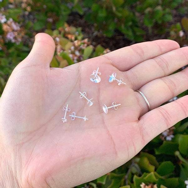 100pcs Earring Posts Glue In Settings, with 100pcs Earring Backs, Sterling Silver Plated Brass, Cup Size Selections: 3mm/4mm/6mm/8mm