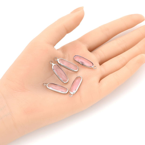 10pcs Grade A October Pink Rectangle Bar Birthstone Charm Drops, Sterling Silver Plated Brass, 21x7mm, CCP8-S10