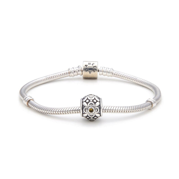 1pc 925 Sterling Silver Round Flower Pattern November Birthstone Bead Charm, Yellow Topaz Cubic Zirconia CZ, 11.2x9.5mm, Hole ID 4.5mm, EC1-G11