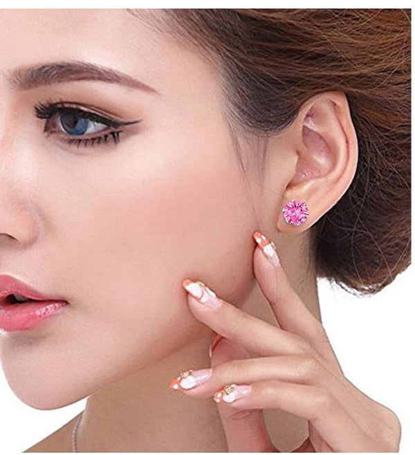 1 Pair 925 Sterling Silver October Birthstone Round Cut Stud Earrings, 8mm/2 Carat Cubic Zirconia CZ Pink Tourmaline Stone, SSE49-10