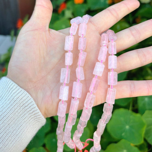 Natural Rose Quartz Pink Crystal Gemstone Faceted Tube Beads, 14x7mm, Hole ID 1mm, 15 Inch/1 Strand, GZ8-2