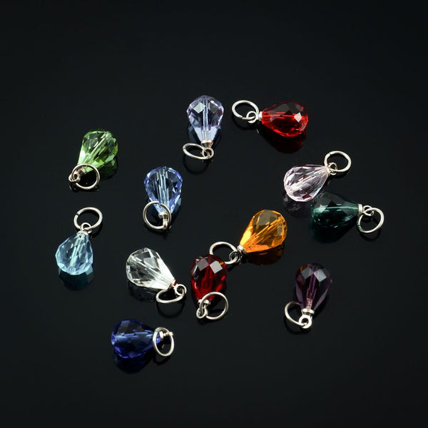 1 Set/12pcs Mixed Dangle Birthstone Charm Drops, 10mm Austrian Teardrop Crystal Beads, Sterling Silver Plated Open Jump Rings, BR6