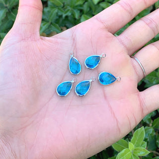 10pcs Grade A March Aquamarine Blue Teardrop Birthstone Charm Drop, Sterling Silver Plated Brass, Size Selections: 11x7mm, 14x8mm, 16x9mm
