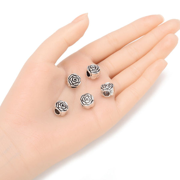 20pcs Rose Flower Large Hole Beads, Hole ID 4.5mm, Antique Silver, Zinc Alloy Metal, MEC-E3