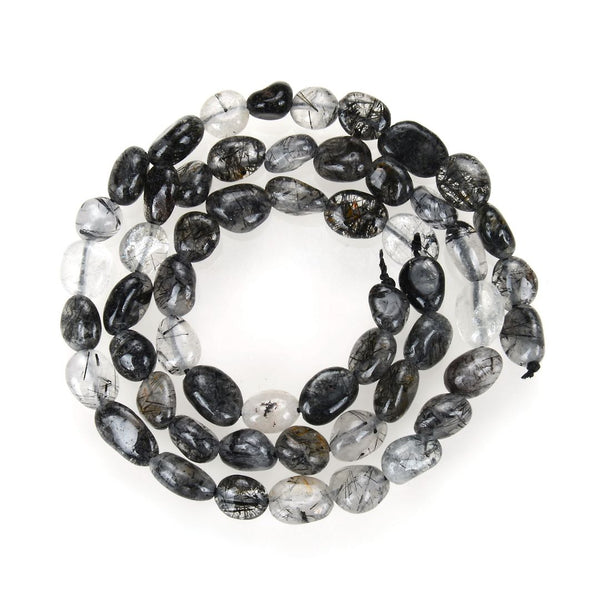 Natural Grade A Black Quartz Rutilated Gemstone Oval Tumbled Pebble Beads, Irregular, 7mm to 9mm, Hole ID 1mm, 15 Inch/1 Strand, GZ12-9