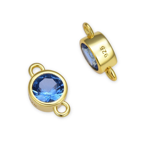 2pcs 925 Sterling Silver 4mm Tiny December Birthstone Links, Real 18K Yellow Gold Plated, Blue Topaz Cubic Zirconia Gemstone Connector, SXP5-12