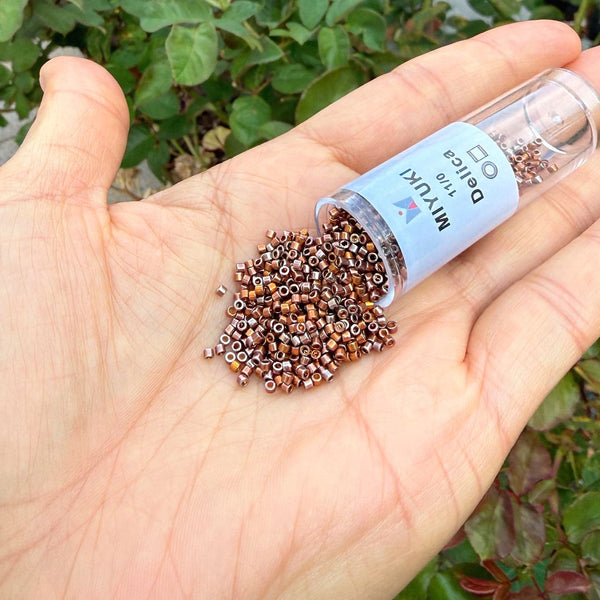 30g Miyuki Delica 11/0 Seed Beads, Opaque 24Kt Gold Plated Iris Red DB506