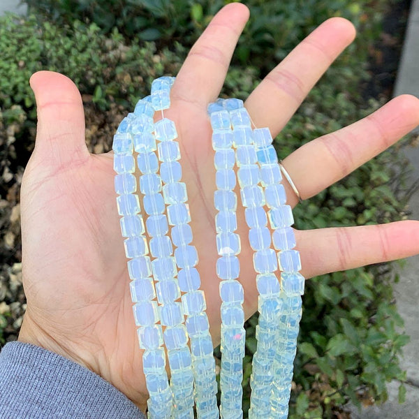 100pcs Creative Club Faceted Cube Crystal Glass Beads, White Opal, 8mm, Hole ID 1mm, CCC834