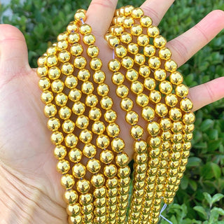 Natural Hematite Gemstone Round Beads, Gold Plated, 15 Inch/1 Strand, Size Selections: 6mm/8mm/10mm