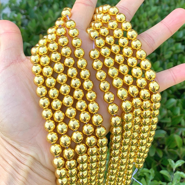 Natural Hematite Gemstone Round Beads, Gold Plated, 15 Inch/1 Strand, Size Selections: 6mm/8mm/10mm