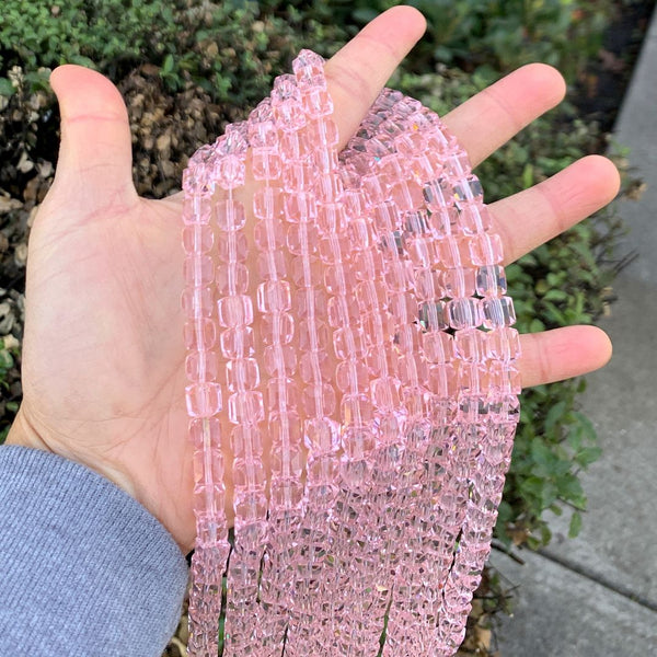 100pcs Creative Club Faceted Cube Crystal Glass Beads, Rosaline Pink, 8mm, Hole ID 1mm, CCC803