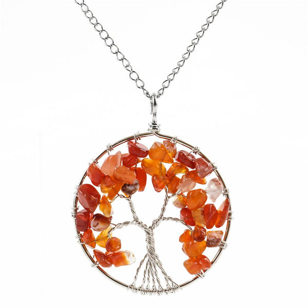 1pc Tree of Life Prosperity Necklace, Natural Carnelian Red Agate Gemstone Pendant, 26 inch Surgical Stainless Steel Chain, GGP9-14
