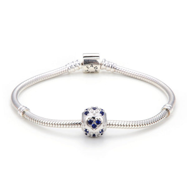 1pc 925 Sterling Silver Round Heart Pattern September Birthstone Bead Charm, Blue Sapphire Cubic Zirconia CZ, 11x9mm, Hole ID 4.5mm, EC1-H9