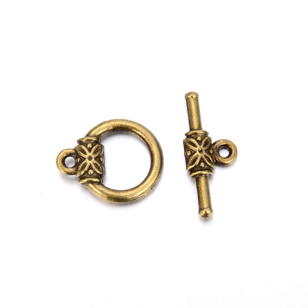 10 Sets Flower Round Toggle Clasps, T-Bar Closure, Antique Bronze Plated Brass, 15mm, CF183-4
