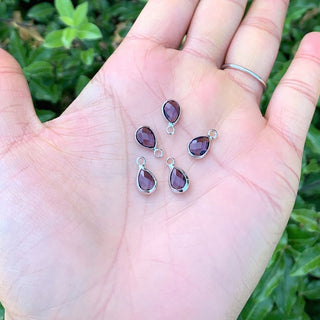 10pcs Grade A February Amethyst Teardrop Birthstone Charm Drop, Sterling Silver Plated Brass, Size Selections: 11x7mm, 14x8mm, 16x9mm