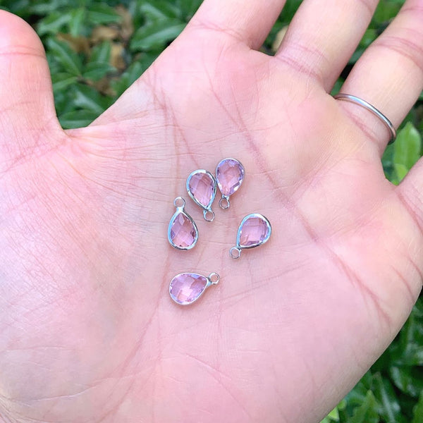 10pcs Grade A October Pink Teardrop Birthstone Charm Drop, Sterling Silver Plated Brass, Size Selections: 11x7mm, 14x8mm, 16x9mm