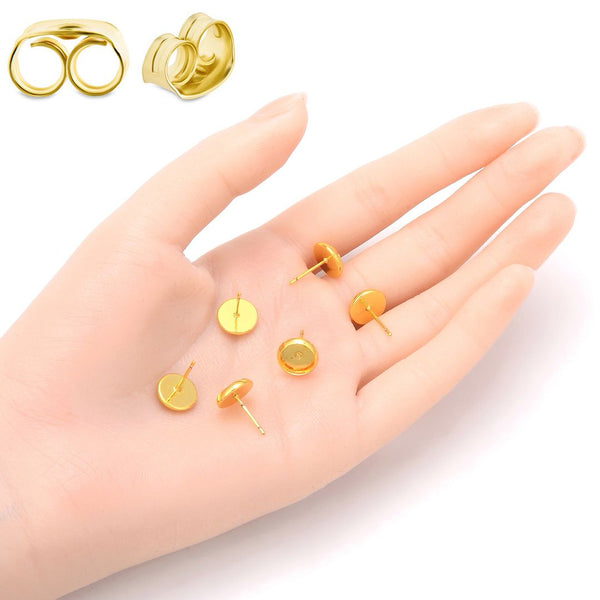 20pcs Tarnish Resistant Bezel Tray Earring Posts, 18K Yellow Gold Plated Brass, Bezel Inner Diameter Selections: 6mm/8mm/10mm/12mm