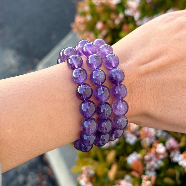 1 Strand Stretch Natural Grade A Purple Amethyst Beaded Gemstone Bracelet, 10mm Bead, Length Selections: 7 inch/7.5 inch/8 inch/8.5 inch