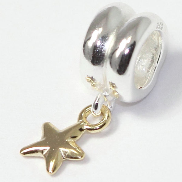 1pc Solid 925 Sterling Silver Cute Gold Star Bead Charm, Compatible with Pandora All Other Charm Bracelet, EC645