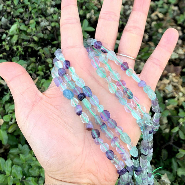 Natural Multi-color Fluorite Gemstone Oval Tumbled Pebble Beads, Irregular, 6mm to 8mm, Hole ID 1mm, 15 Inch/1 Strand, GZ11-76