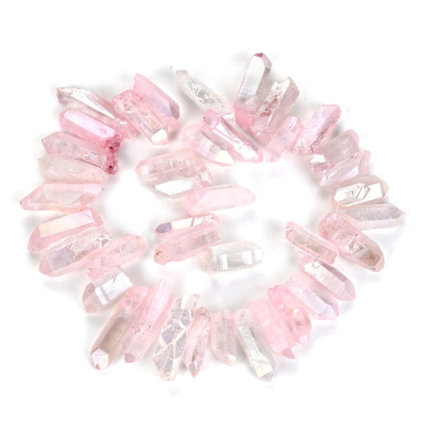 1 Strand Natural Raw Crystal Quartz Gemstone Beads, Large Drilled Stone Points, Rose Pink AB Titanium Coated Gem Stick, 15 Inch, GA-E8